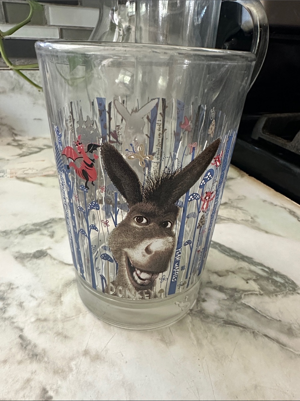 Clear Donkey Character Glass Tumbler with Blue and Brown Accents